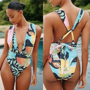 New Anthropologie Carla Petelski Plunge Shirred Printed One Piece Swimsuit